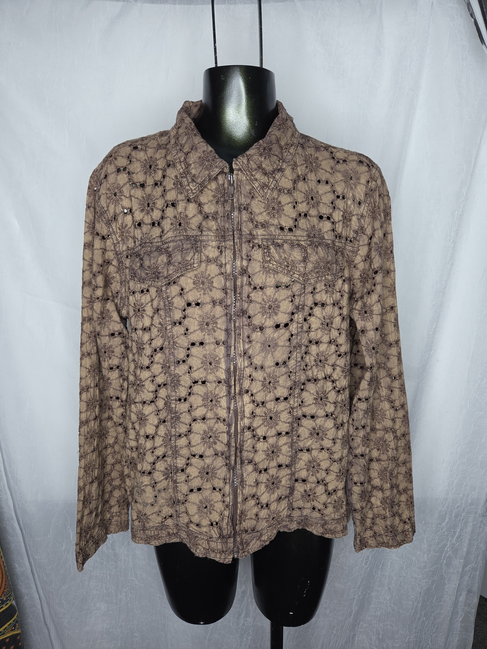 Vintage Y2K Floral Granola Cottagecore Brown Floral Print Lace Jacket Large